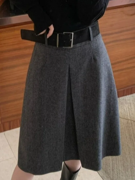 Gonna a trapezio a vita alta Ele Gonna coreana Sle da donna Autunno Inverno Nuova gonna in misto lana Faion con cintura