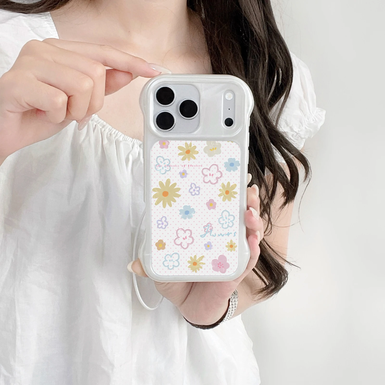 Kawaii Doodle Flower Mirror Phone Case White Wavy Edge Soft TPU Anti-Fingerprint Cover For iPhone 13-17 Pro Max