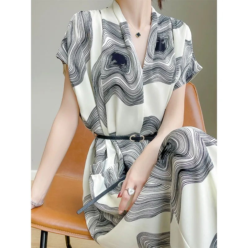 Verão 2025 feminino solto v-ne ort sve dr suave a linha saia design sensação floral impressão commute sle longo dr