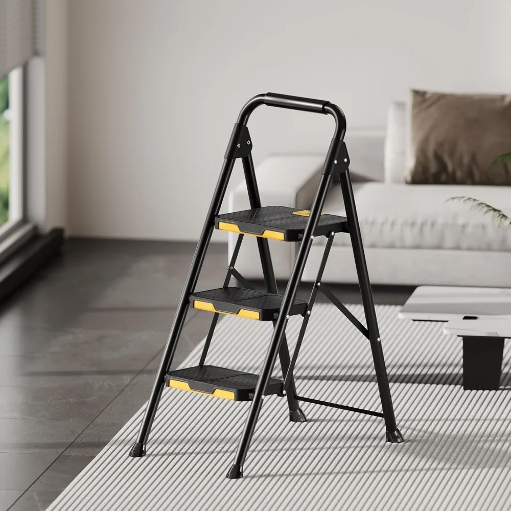 3-traps ladder, stevige stalen opstapkruk met veilig vergrendeld ontwerp, leuning, antislip brede pedalen, laad testen van 800 lbs