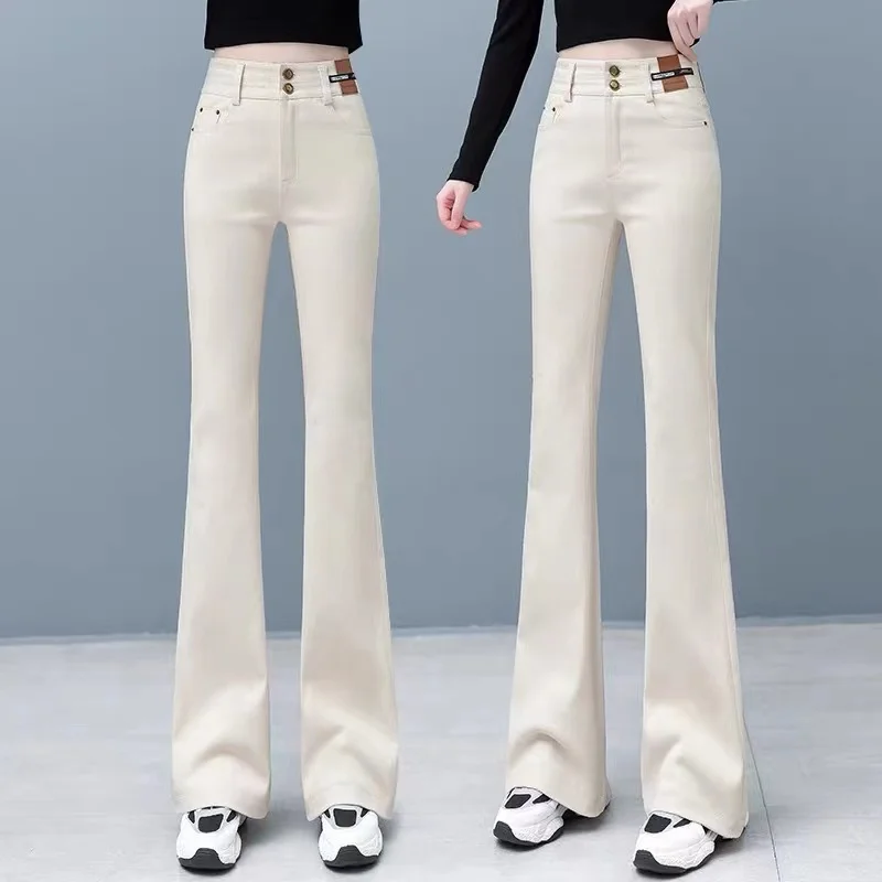 

High Waist Cotton Stretch Denim Bootcut Jeans Women's Casual Double Bule Ankle Length Flared Pants Autumn Season Faion