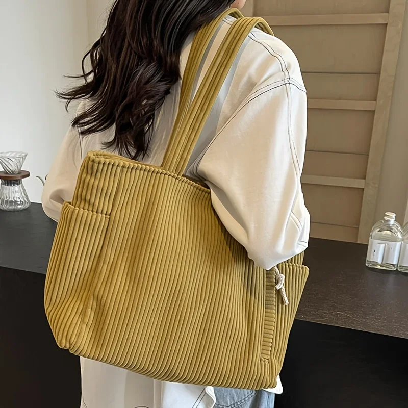 Leichte Cord-Handtasche mit großem Fassungsvermögen und Reißverschluss, einfarbige lässige Umhängetasche für den täglichen Pendelverkehr – Detail 10
