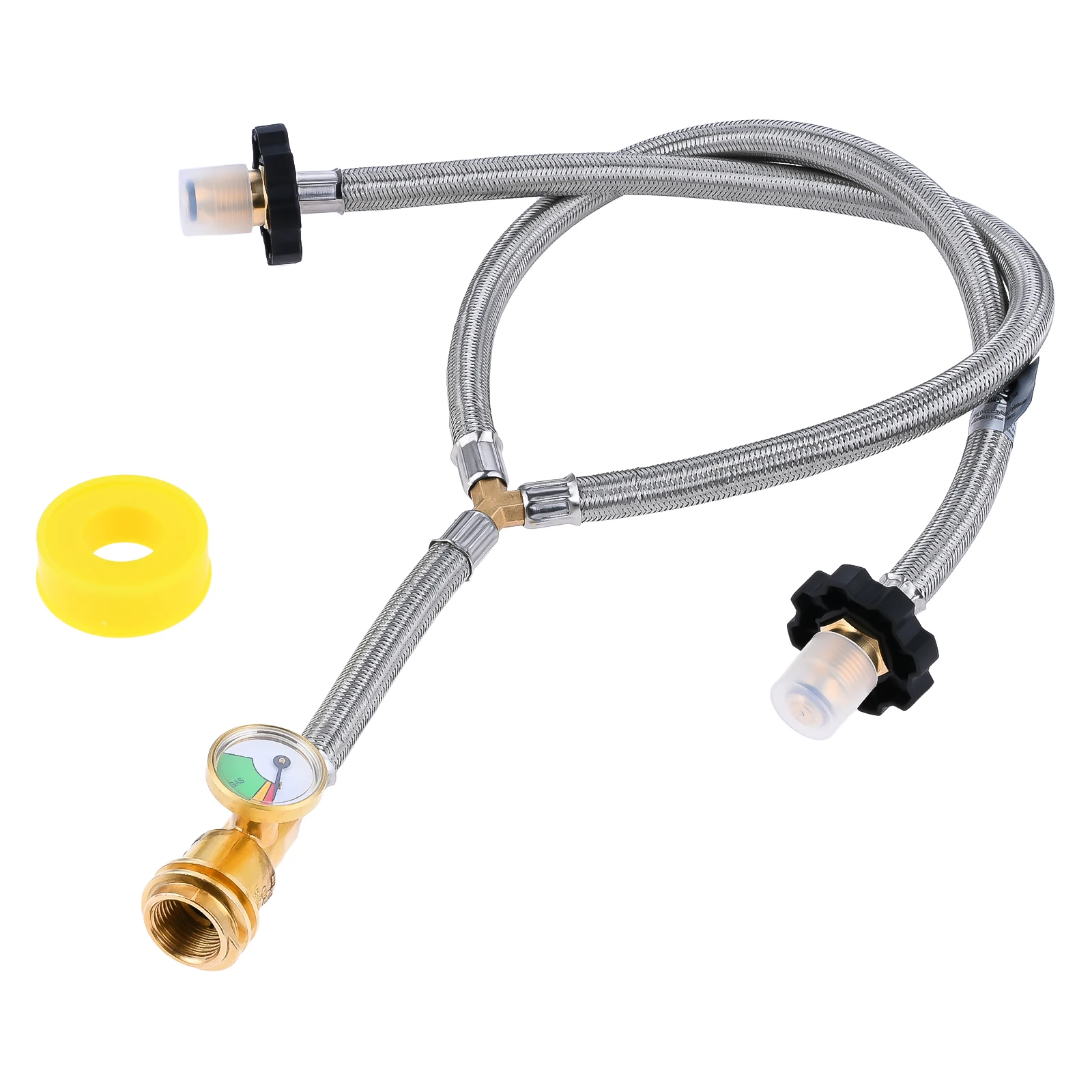 

Y Type Splitter Propane Tank Converter Adapter Hose w/ Gauge POL/QCC1 Regulator Exit Connect to 5-100lbs Propane Tank for Grills