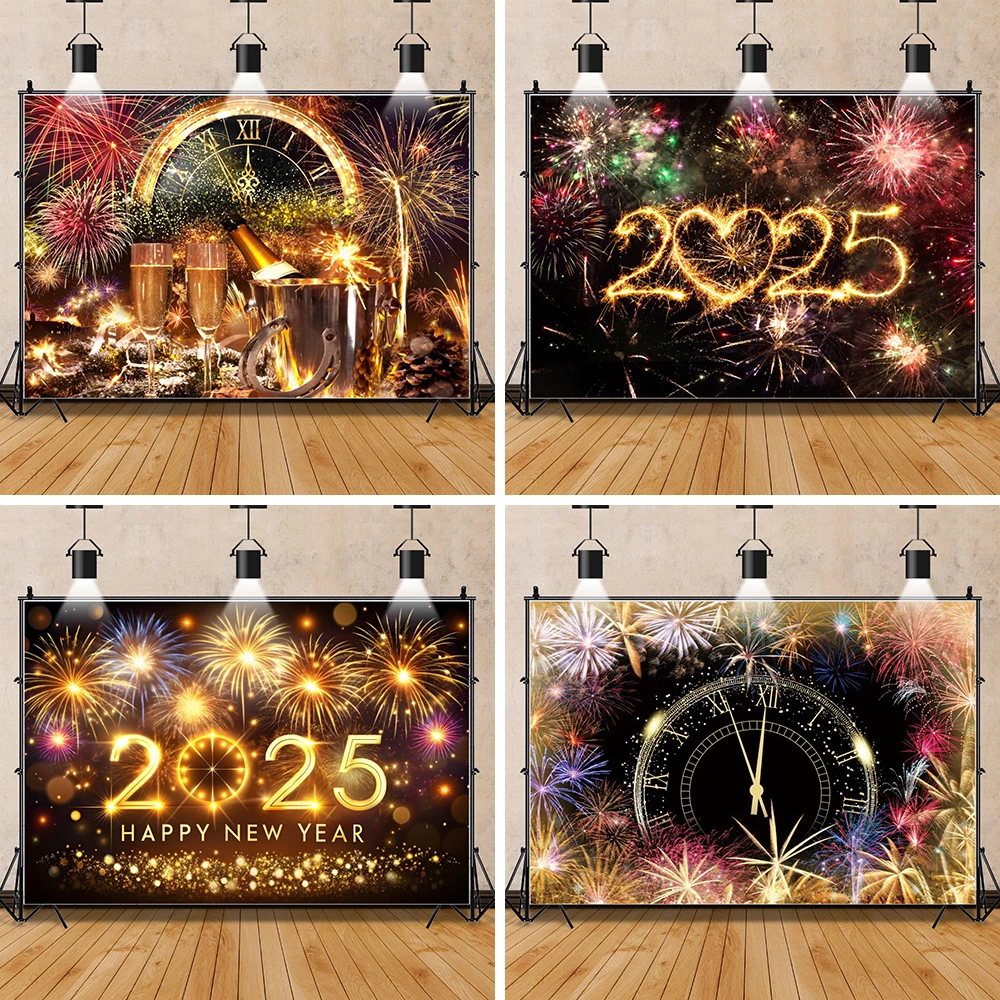 

New Year Photography Background 2025 New Year Fireworks Champagne Clock Celebration Party Christmas Backdrop Photo Studio Props