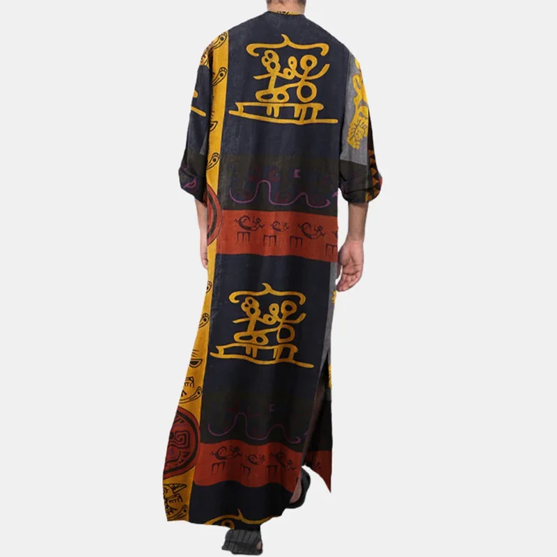 2023 Men Muslim Robes Ethnic Print Long Sleeve Pockets Loose Casual Robe Abaya Islamic Arabia Kaftan Man Dubai Kaftan Abayas