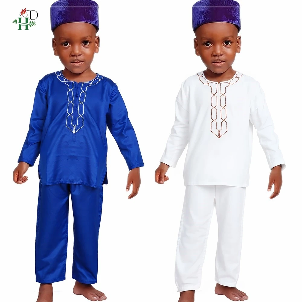 

H&D For Kids Boys African Outfit Children Embroidered Suit Traditional Clothes 2 Pieces Shirt and Pants Long Sleeves Church Set