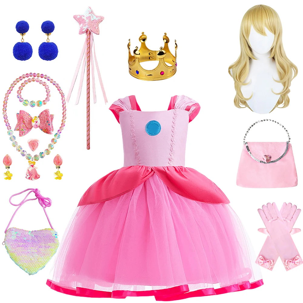 

Game Movies Halloween Children Princess Peach Cosplay Costume Summer Baby Party Aurora Pink Tulle Holiday Dress Fairy Clothing