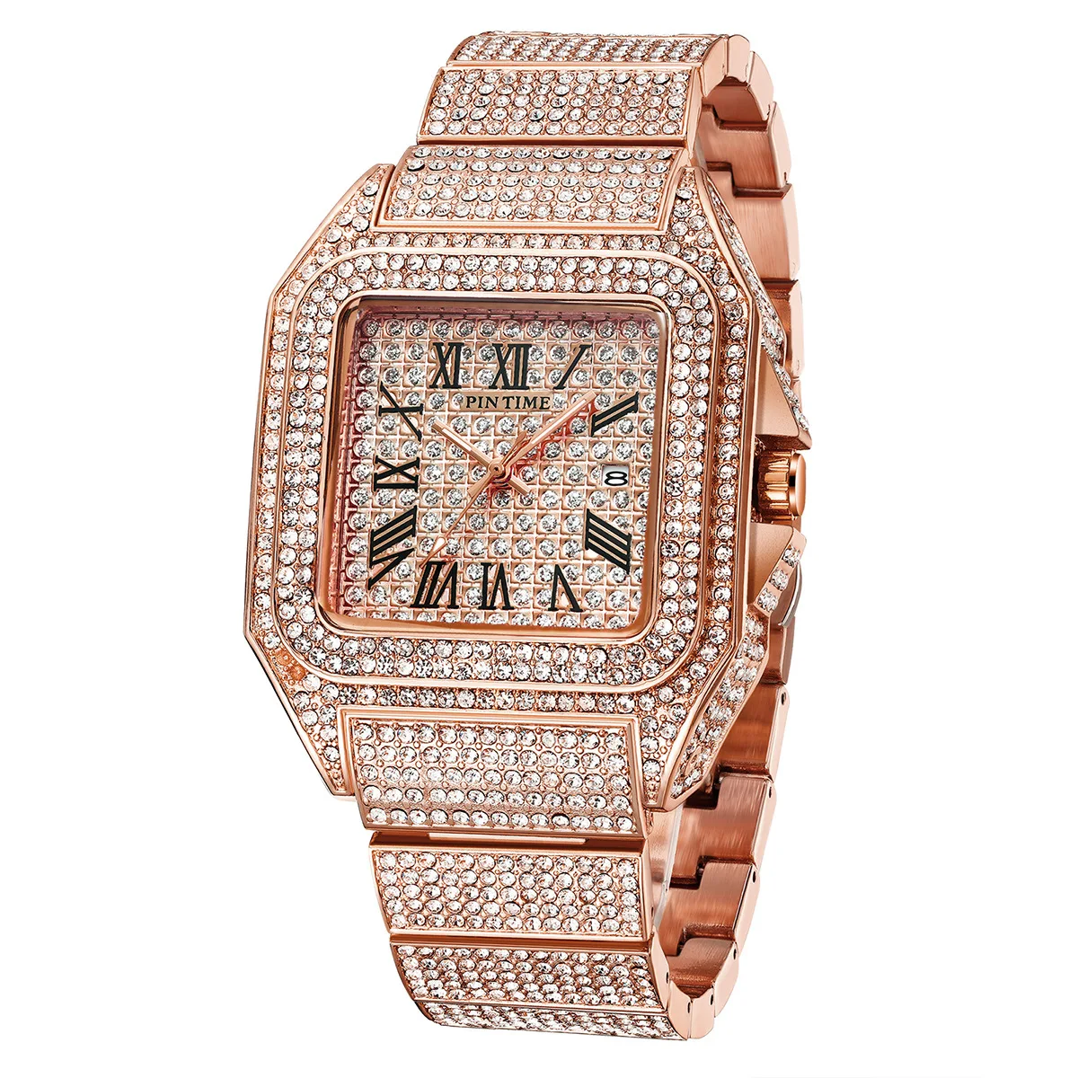 

Men's Diamond Golden Watch 40mm Square Dial Quartz Wristwatch Golden Rose Golden Rhodium Black Platinum Plated Options Available