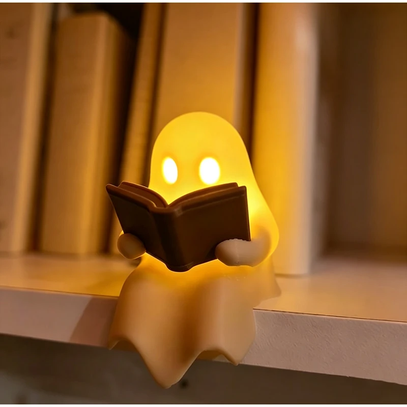 Cute Ghost Reading Book Lamp Halloween Ghost Book Lamp Desktop Decoration Holiday Party Ornament Gift Study Bedroom Night Light