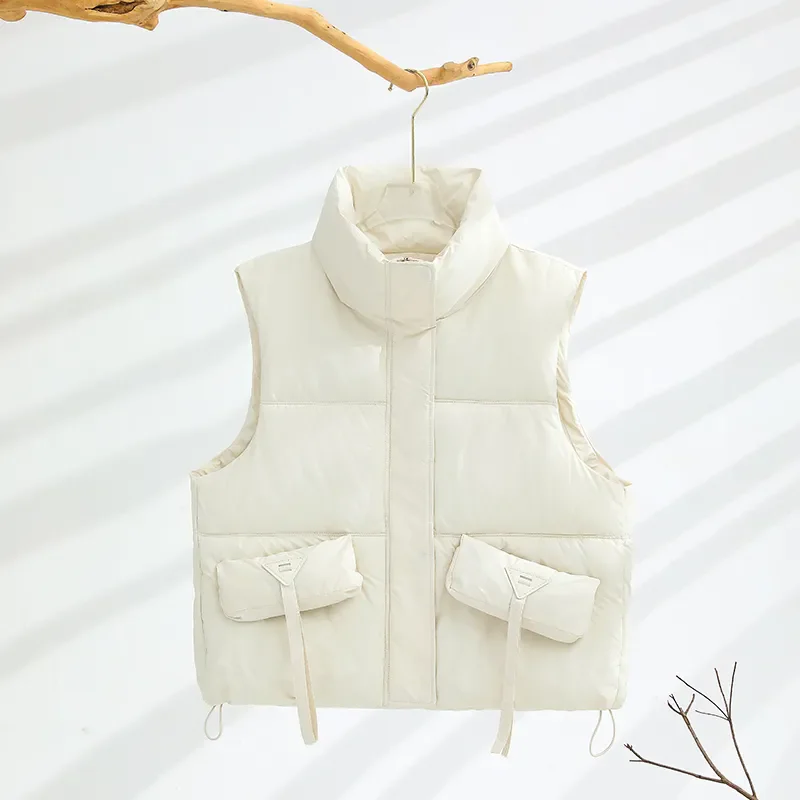 Women Beige Cotton Padded Vest For Women 2024 Stand Collar Outwears Jackets Sleeveless vest Coats