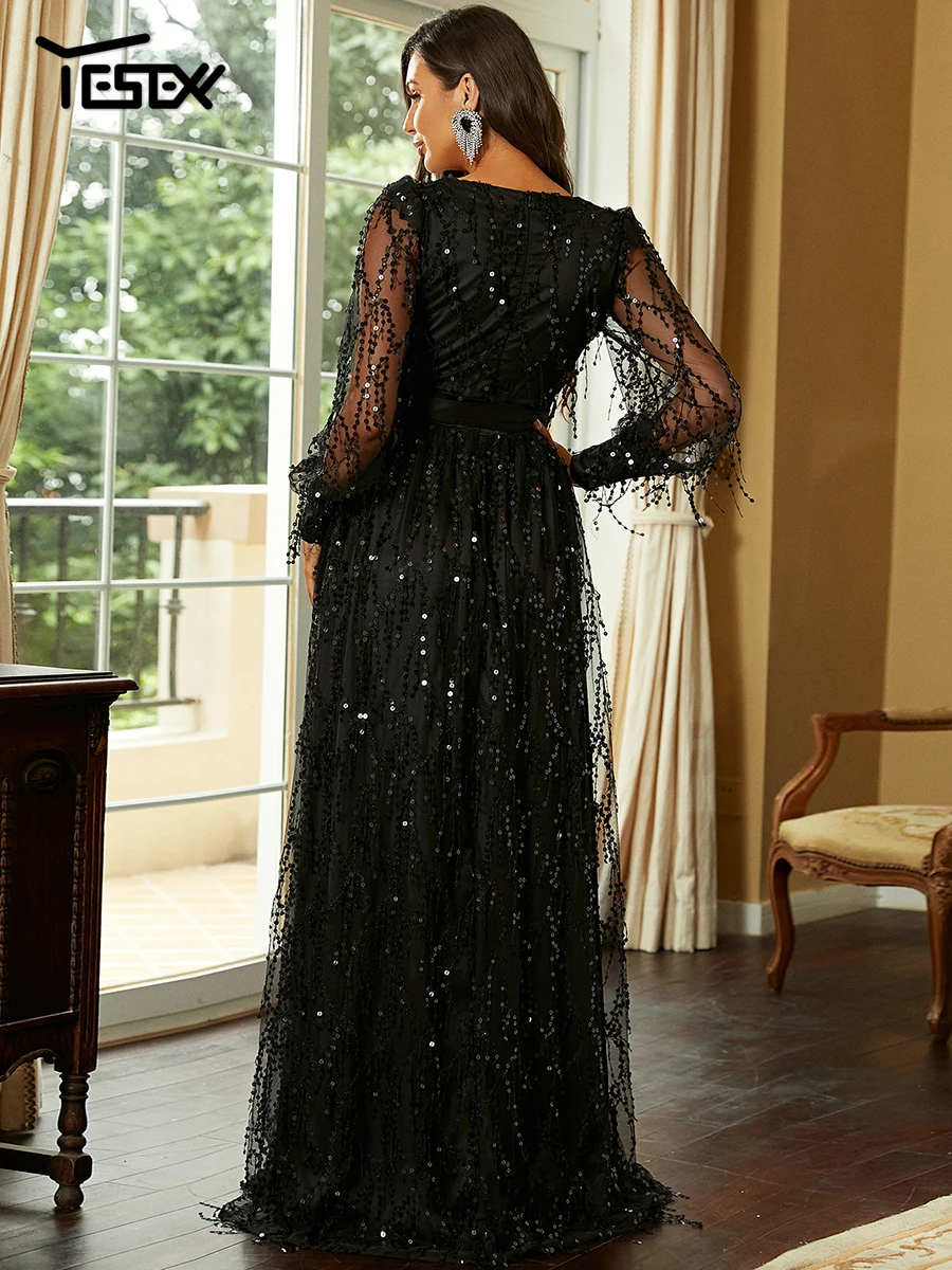 Yesexy Women Summer Dress Long Sleeve Mesh Sleeve Sequin Sexy Bodycon Evening Maxi Floor Length Elegant Black Dress