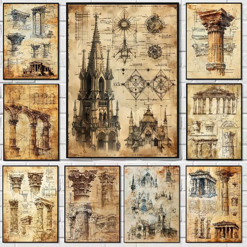 

Retro Roman Architectural Design Poster Home Living Bed Room Bar Hallway Sticky Wall Art Printing Waterproof Aesthetic Decor