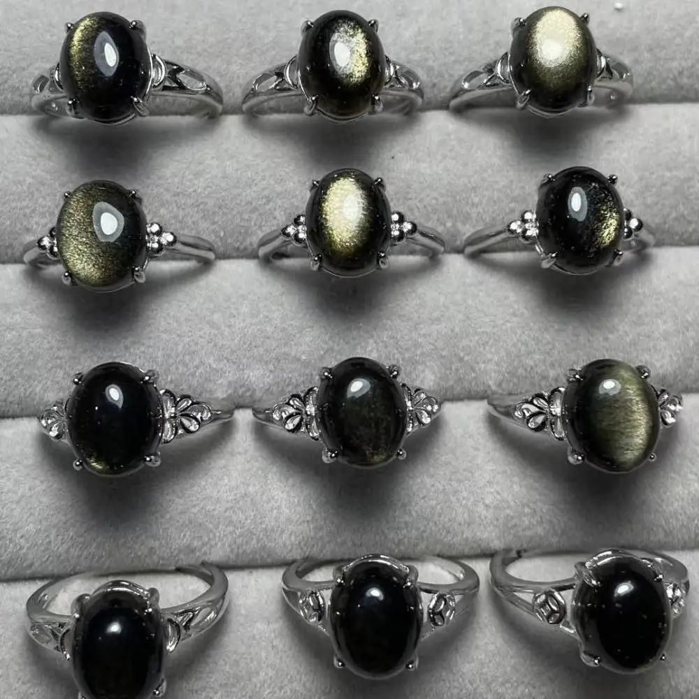 4rings/set approx8*10mm natural golden obsidian  white copper adjustable ring  wholesale