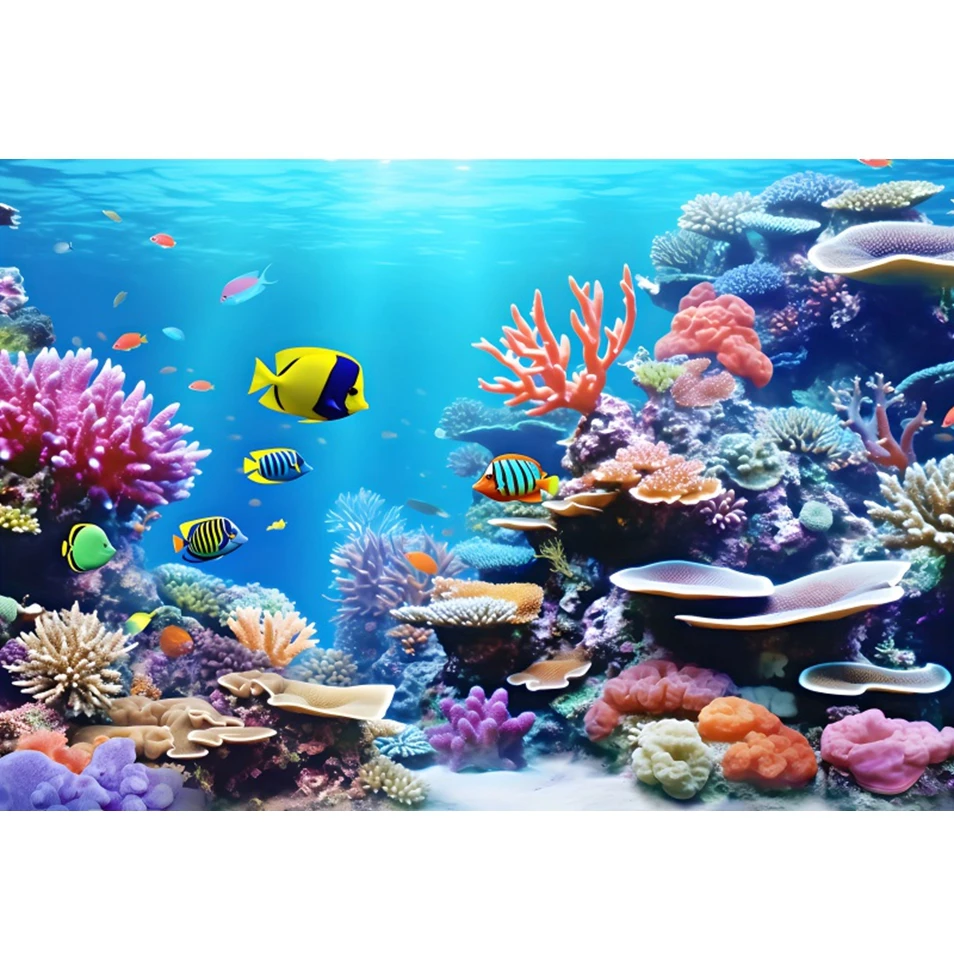 Underwater World Backdrop Seabed Fish Coral Dolphin Aquarium Tank Decor Baby Kids Birthday Party Photography Background Banner