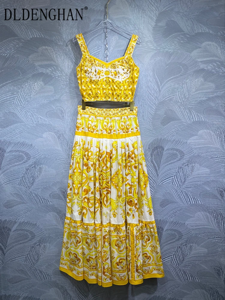 

DLDENGHAN Summer Cotton Suit Women's Spaghetti Strap Sleeveless Camis Tops + Long Skirt Vintage Print 2-Piece Set Designer New