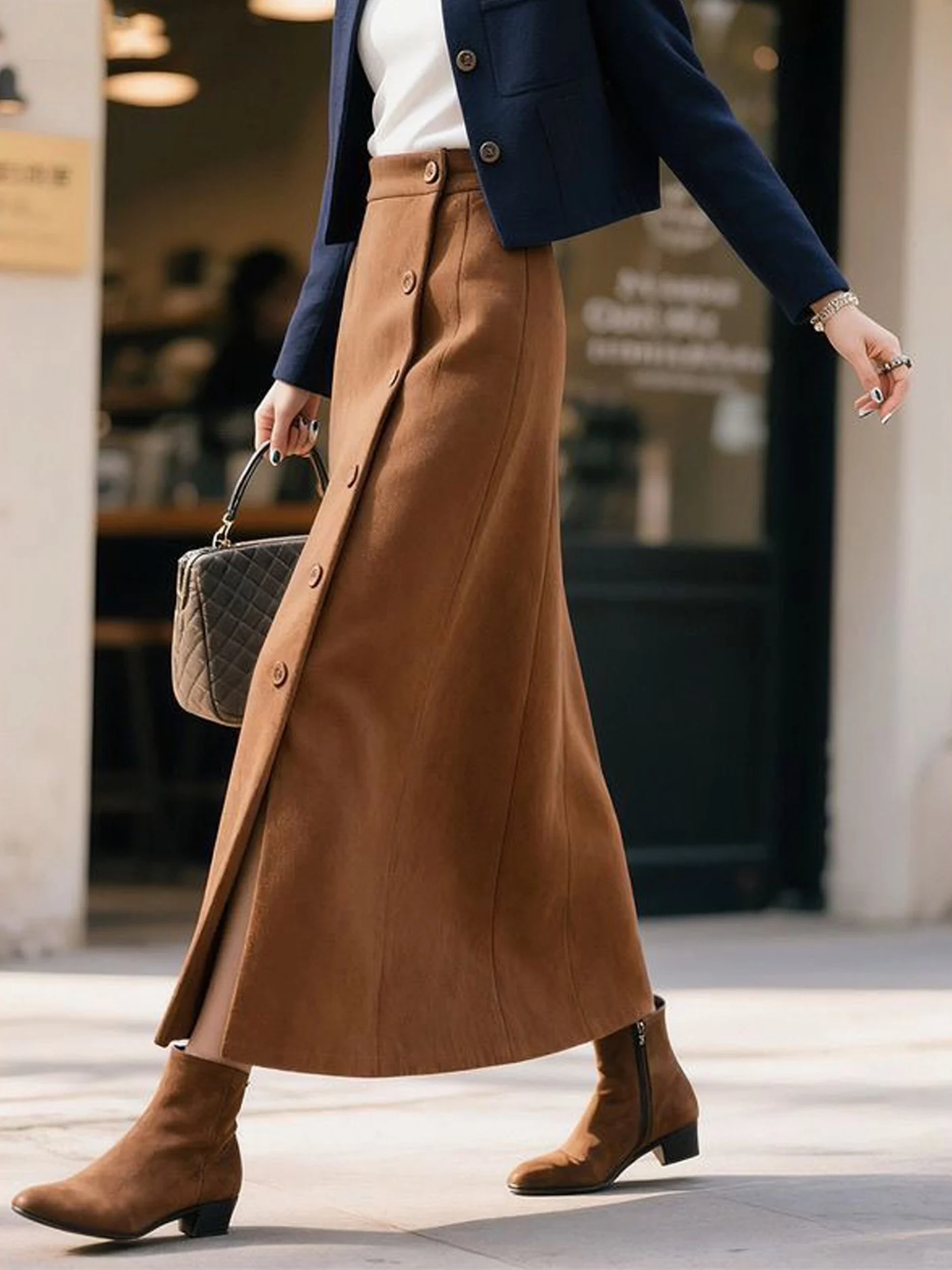 Retro Design Commute Half Skirt Women's Caramel Color Split A-Line Skirt Trendy High Waist Simple Style Daily Wear