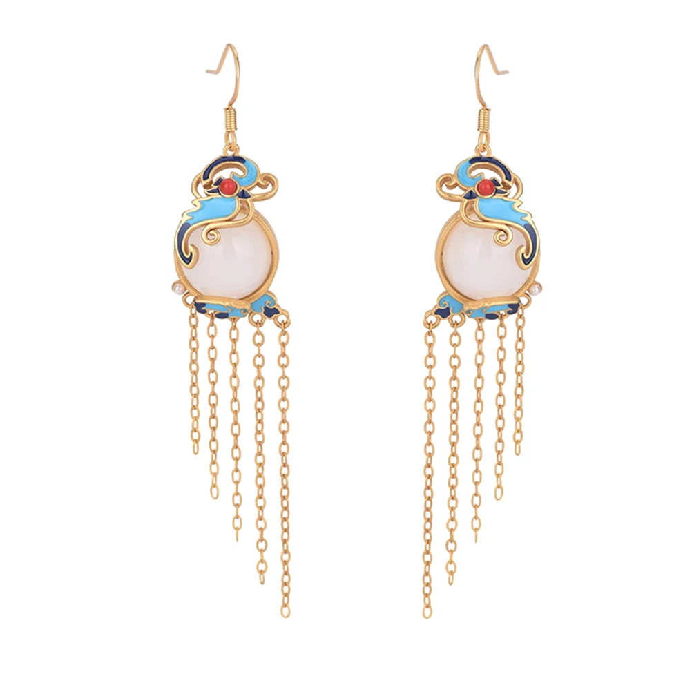 

New Year Tassel Earrings Beaded Pendant Vintage Jade Copper Women Chinese Jewelry Miss