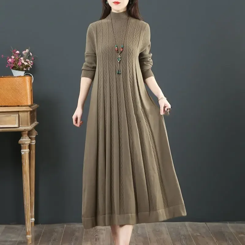 

Autumn Winter Large Size Covering Belly Dress Middle Aged Elderly Mother Retro Long Knitted Sweater Dresses U409