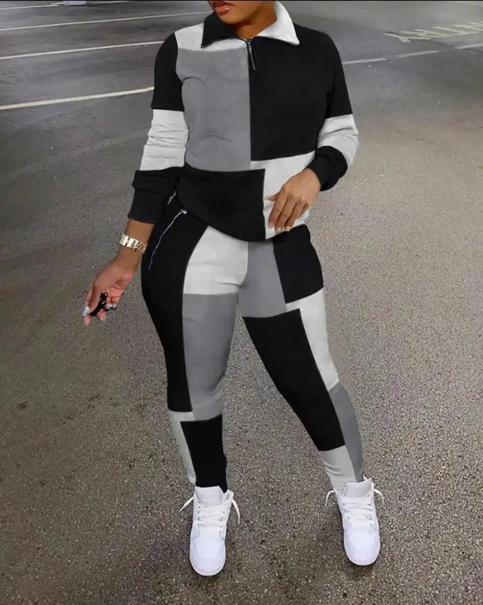 

2 Piece Sets Womens Outfits Casual Geometric Print Zip Detail Long Sleeve Top & Sporty Pants Set Sweatpants Sweatshirt Sets 2022