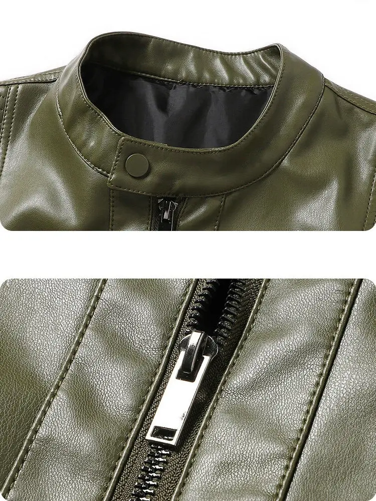 2025 الرجال دراجة نارية و السائق جودة عالية لينة فو سترات من الجلد الذكور الشرير الجيش الأخضر بولي PU سستة كول يندبروف الشارع معاطف #3