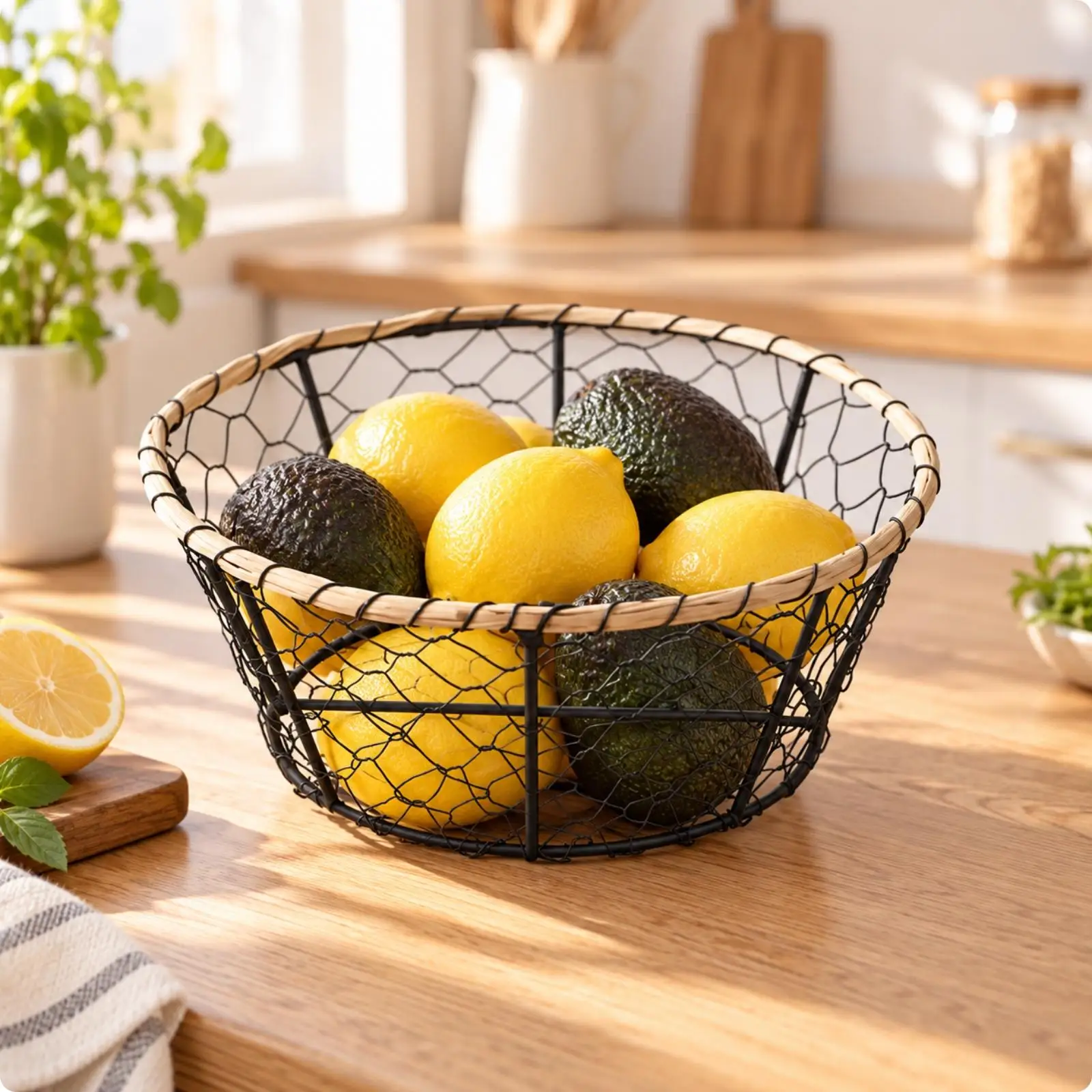 Round Iron Wire Storage Basket Lightweight Flared Wire Basket with Wrapped Rim Compact Breathable for Dining Tables