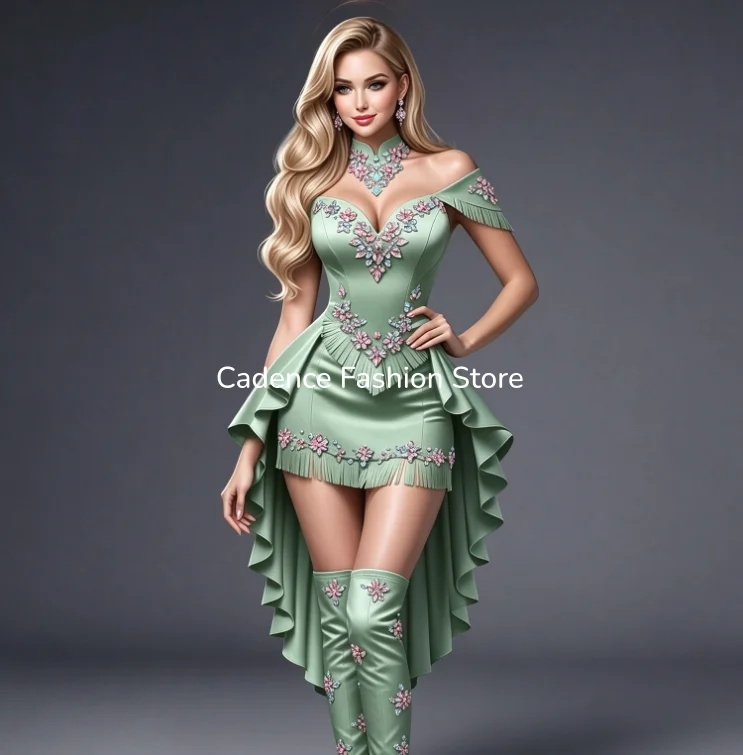 Sage Green Off Shoulder Mini Prom Dress 3D Floral Embroidery Fringe High Low Skirt Party Cosplay Evening Gown Customized