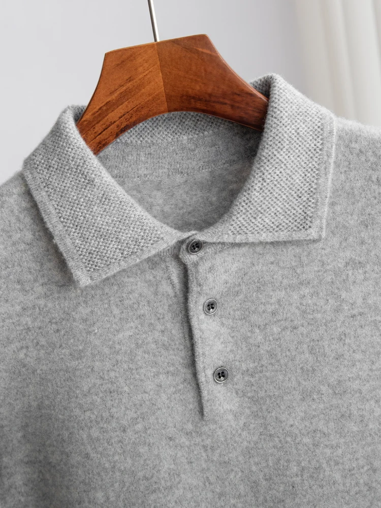 Suéter para hombre, nueva colección de otoño/invierno, 100% de lana pura, Sudadera con capucha y cuello POLO, camisa informal de manga larga con parte inferior de punto, ropa para hombre