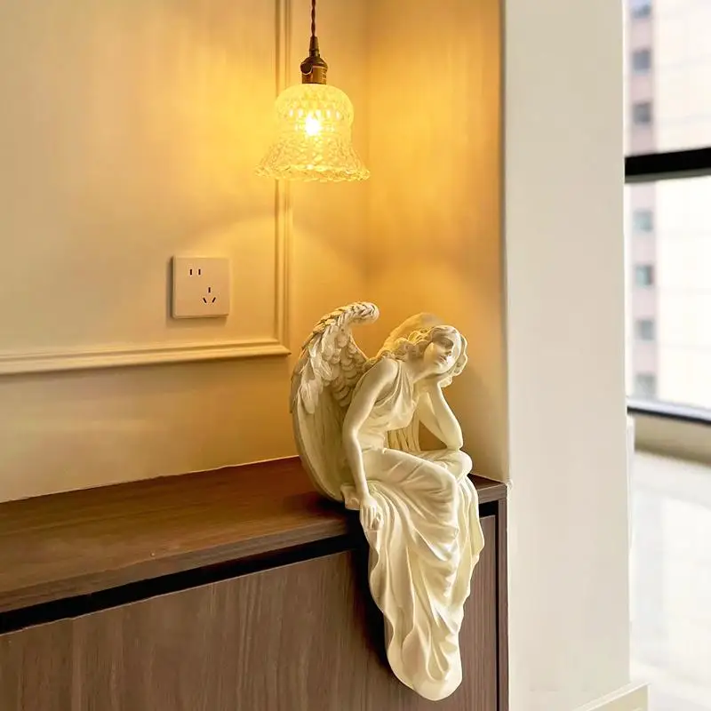 European Retro Angel Girl Statue Sculpture Home Living Room Balcony Study Desk Sitting Posture Figure Decoration Art Ornament