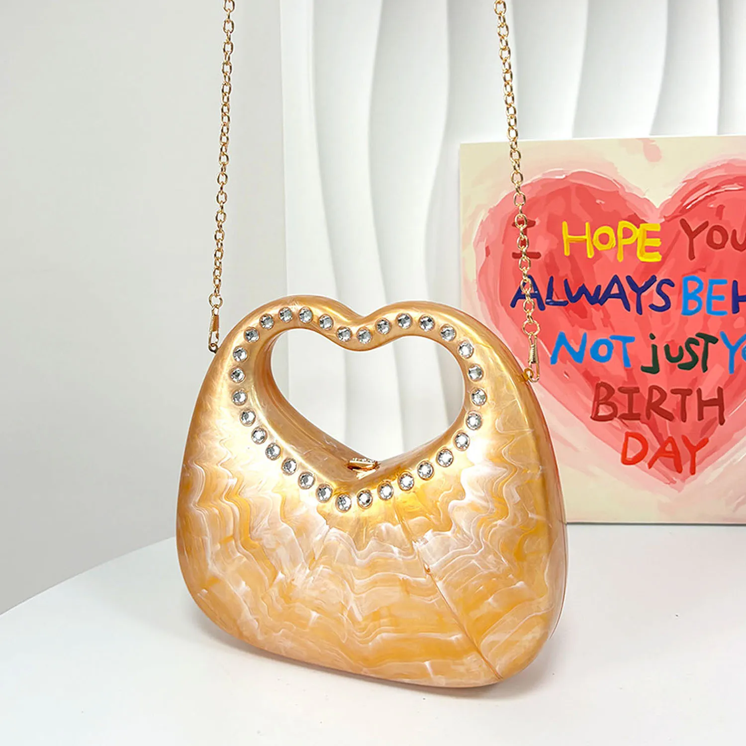 Woman Loving Heart Acrylic Clutch Purse Luxury Crystal Evening Dress Handbags Handle Stone Patterned Shell Chain Shoulder Bag