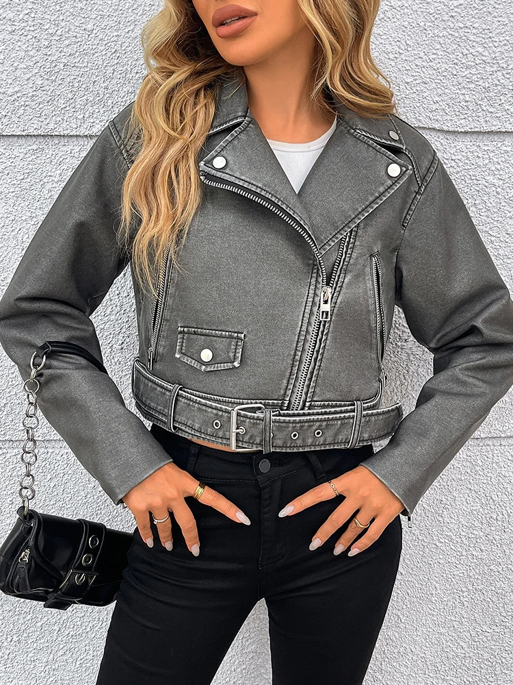 Ailegogo femmes Vintage ceinture lâche pu similicuir veste printemps automne femmes zip manteau motocross