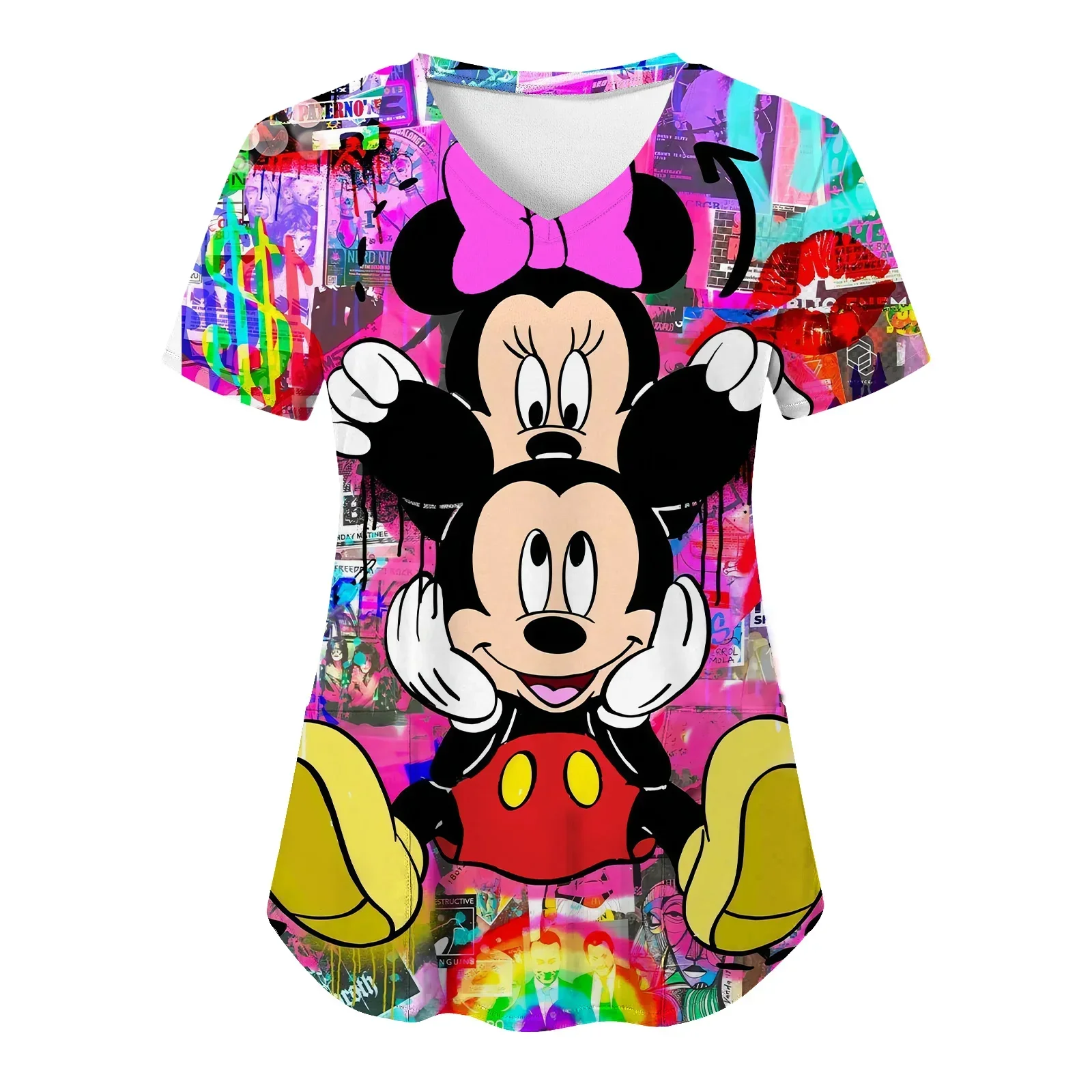 Miniso Mickey T Shirts Disney Tops Hospital Top Women 2024 V Neck T-shirts Minnie Mouse Nurse Uniform Woman Clothes Pocket Tees