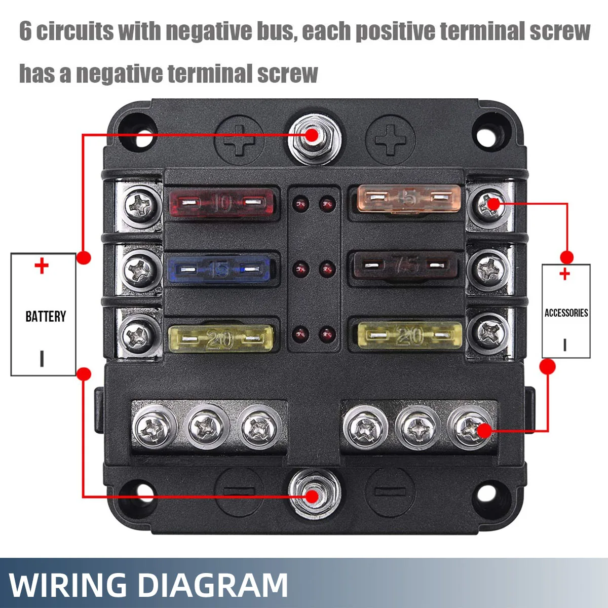 Car Boat Fuse Box Holder With 6 Ways Blade Fuse Holder Block Warning Indicator 12V 36V Power Distribution Panel Board