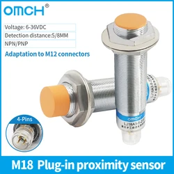 OMCH Plug-in M18 Inductive Proximity Sensor Switch 5-8mm Detection Distance Suitable for M12 Connectors NPN PNP