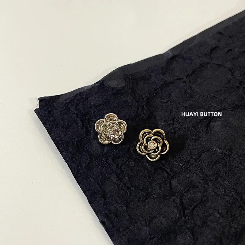 

Luxury 10PCS Diamond Inlaid Camellia Flower Metal Buttons Gold Clothing Decorate Buckles DIY Sewing Accessories 10MM