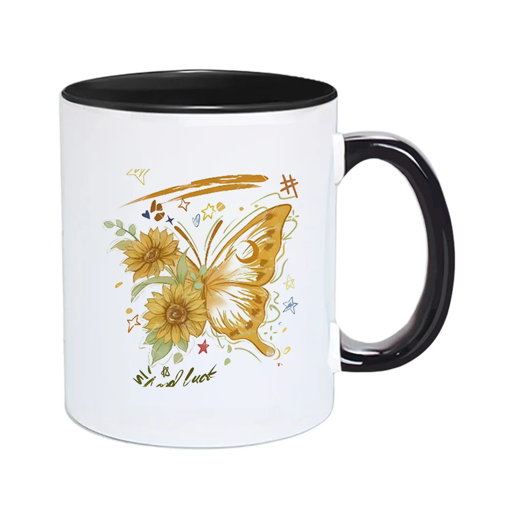 11oz Ceramic Coffee Mug with Sunflower Butterfly Star Print Tableware for Summer Birthday Party Holiday Present Home Use Outdoor