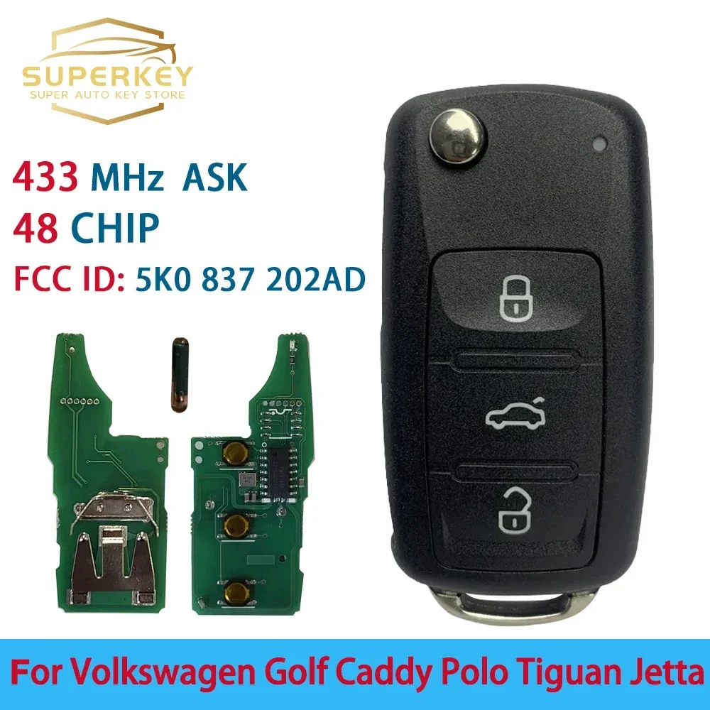 SUPERKEY 3 pulsanti OEM Remote Flip Key 433mhz 48 Chip per VW Volkswagen GOLF POLO Jetta Touran Tiguan Transporter 5 k0 837 202 AD