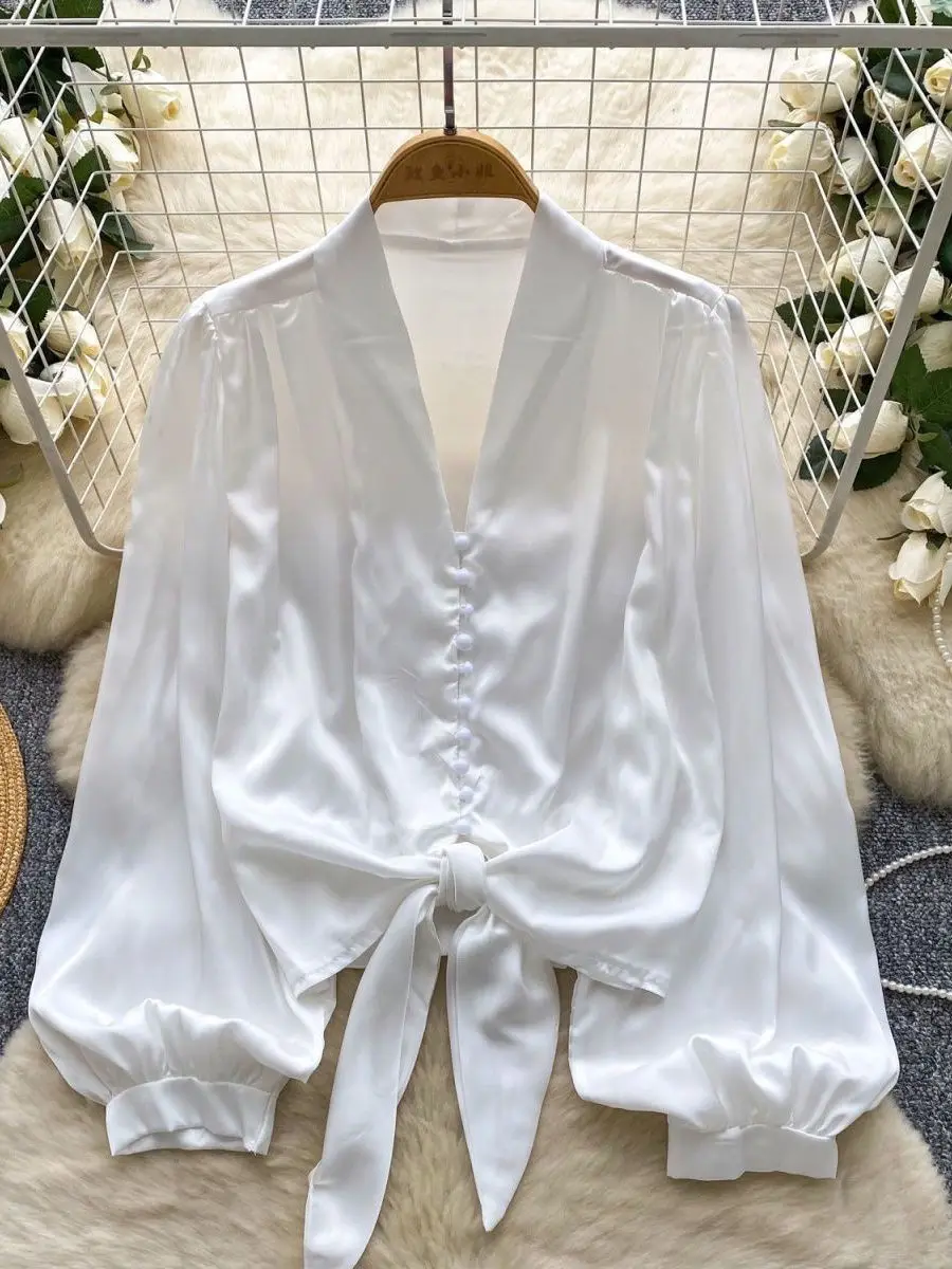 

Simple Design Single Button Tie Belt Long Sve Women's irt Spring Autumn Faion Age Reduction High-End Feel Top