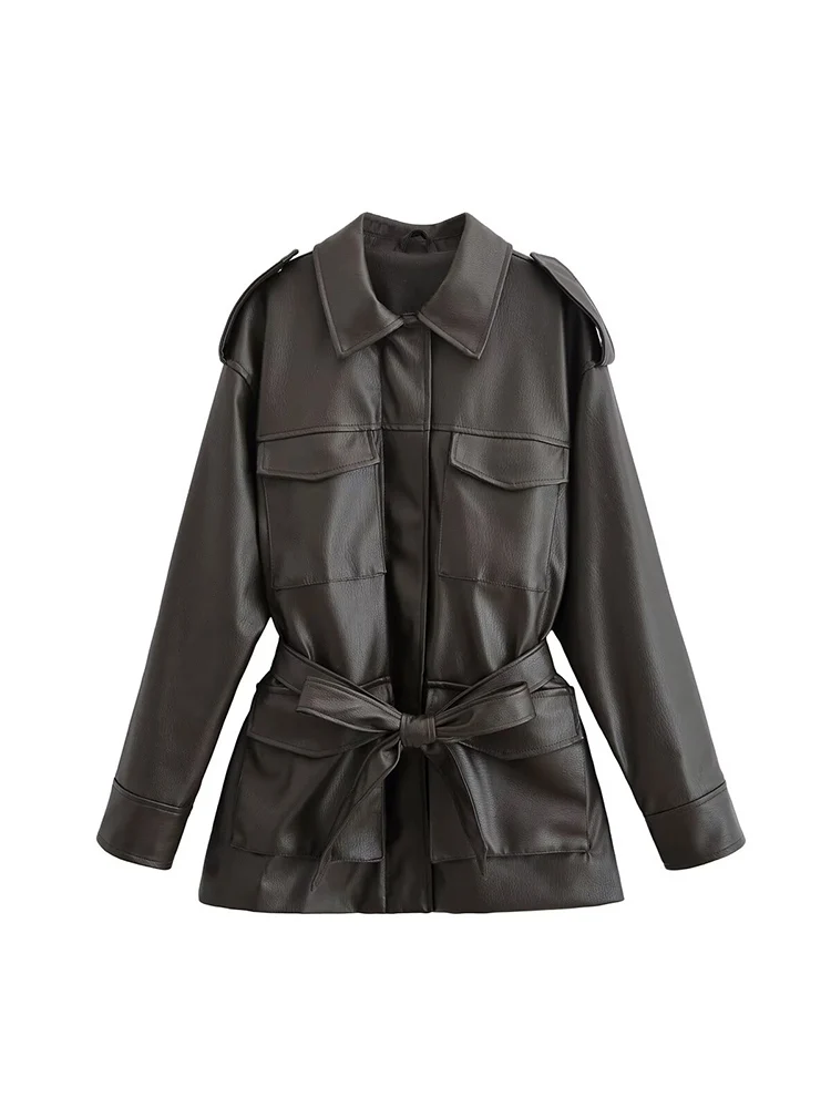 Estilo europeu nova moda feminina versátil temperamento cinto lapela decorativa jaqueta de couro de comprimento médio