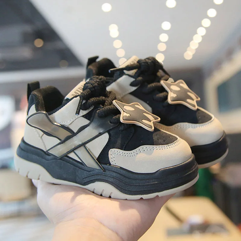 

Panel Shoes Children Autumn Leather Boys Comfortable Sneakers Girls Thickened Soft Soled Star Color Blocking Casual Bread Shoes