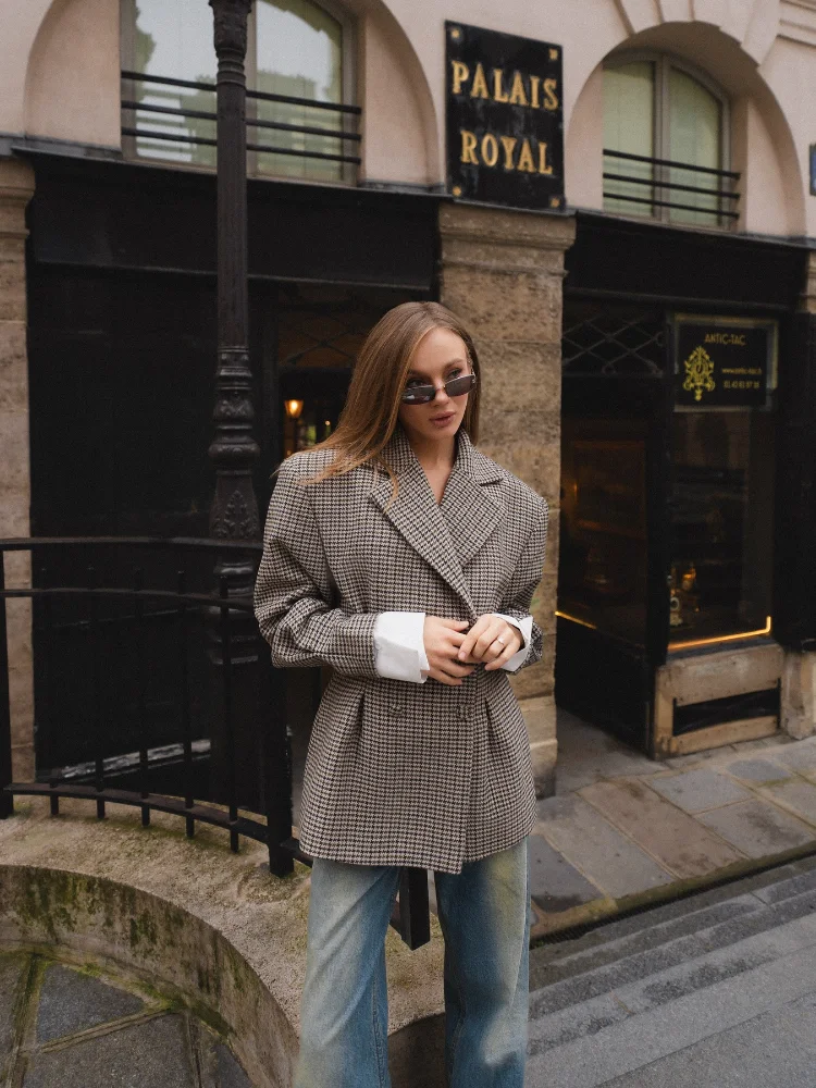 Blazer imprimé à carreaux vintage pour femmes, veste élégante, double boutonnage, poches, manteau rétro, taille haute, Streetwear, 2025