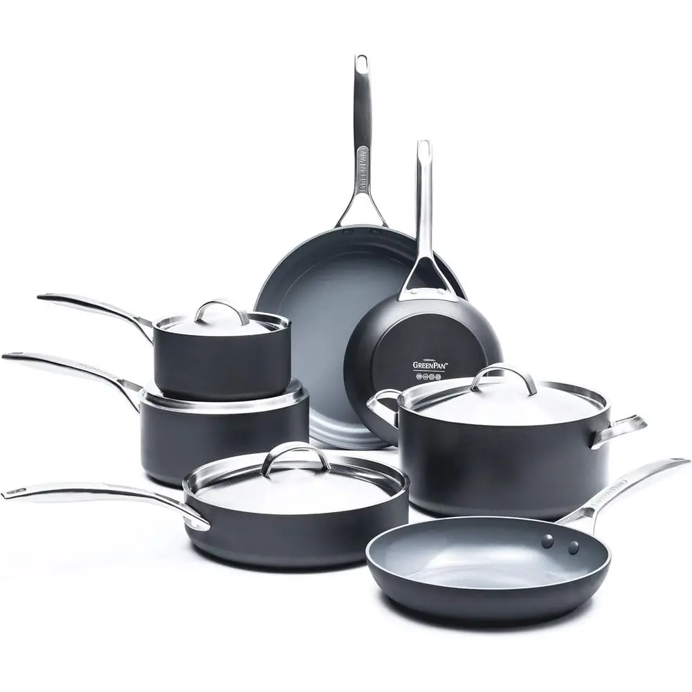 

11-Piece Grey Hard Anodized Nonstick Cookware Set with Stainless Steel Lids, Dishwasher Safe, PAS-Free