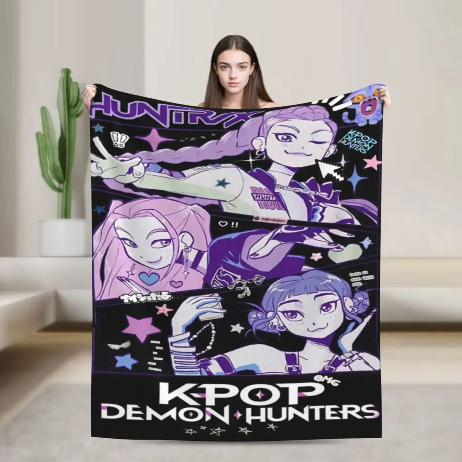 

Huntrix Girls Cozy Flannel Blanket KPop Demon Hunter Anime Warm Throw for Living Room Perfect Gift for Fans Friends