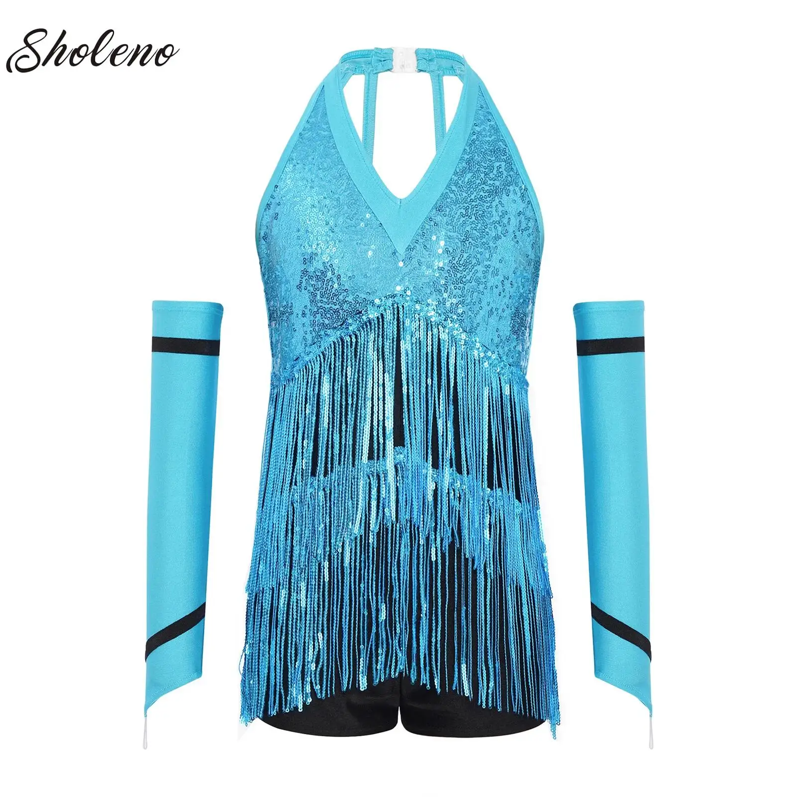 

Детский костюм для соревнований по латинским джазовым румбе и самбе для девочек, комплект для танго, сальсы, купальник с блестящими пайетками и 1 пара сетчатых перчаток, наряд