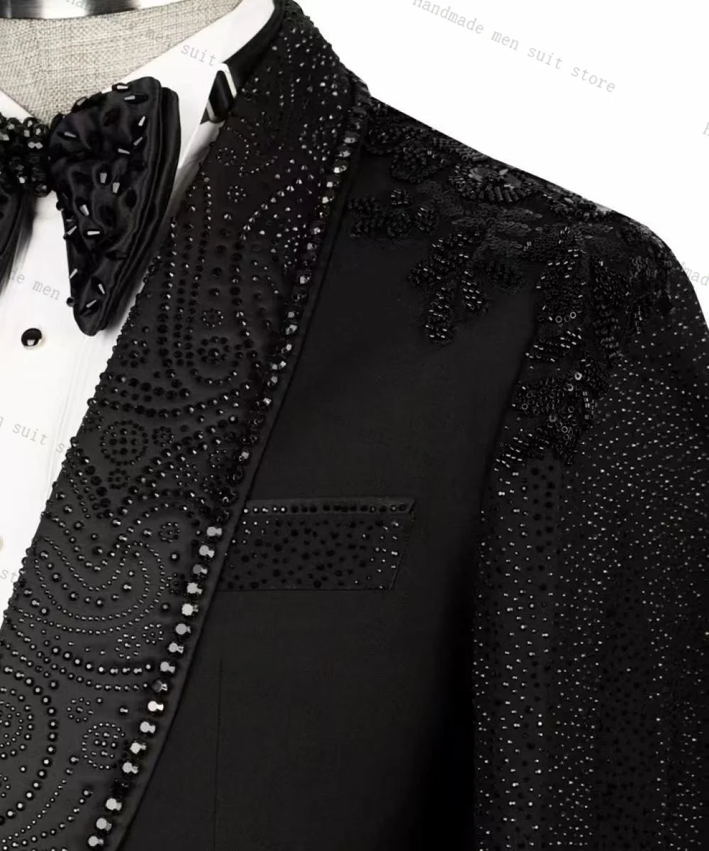 Preto outono masculino ternos 2 peça blazer + calças cristais de luxo pedra casamento smoking casaco personalizado formal escritório jaqueta calças