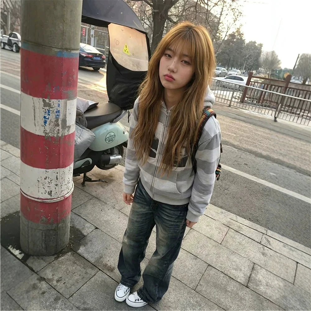 Autumn and winter new striped color blocked zipper portrait print street retro y2k light gray hooded sweatshirt