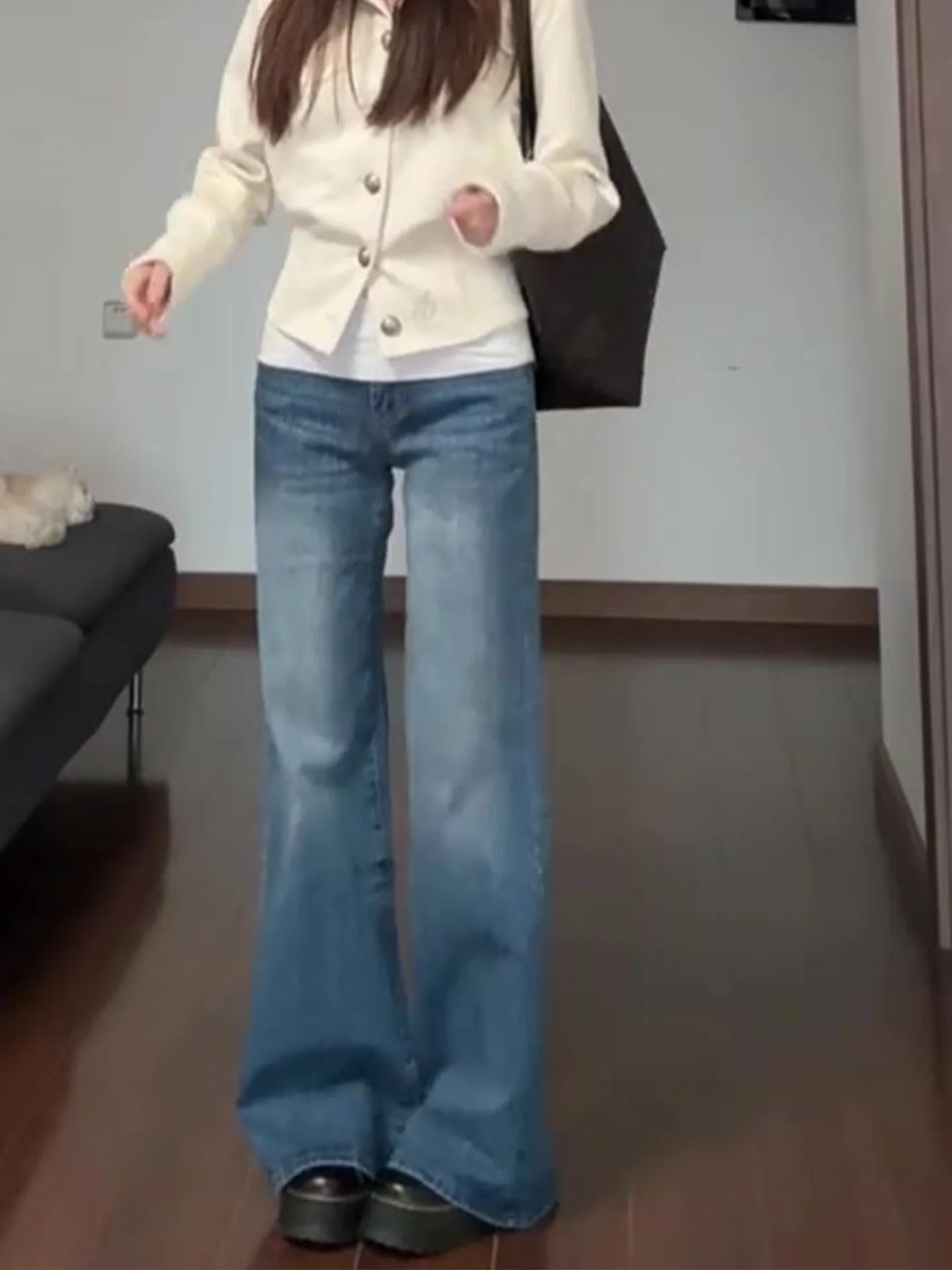 

Slim Fit Deep Blue Denim Pants Women High Waist Straight Leg Casual Jeans Spring Summer New Style American Lazy Style Trousers