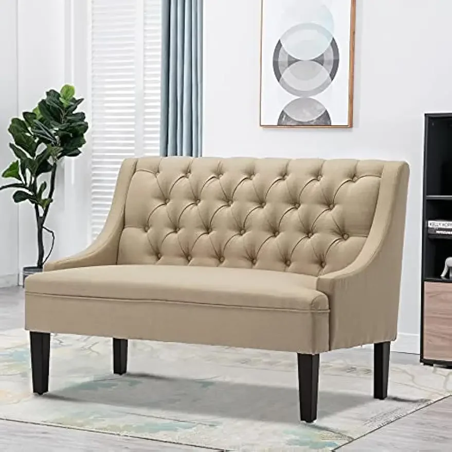 Modern Loveseat Settee Button Tufted Sofa Couch Upholstered Banquette Dining Bench Living Room Funiture (Khaki)