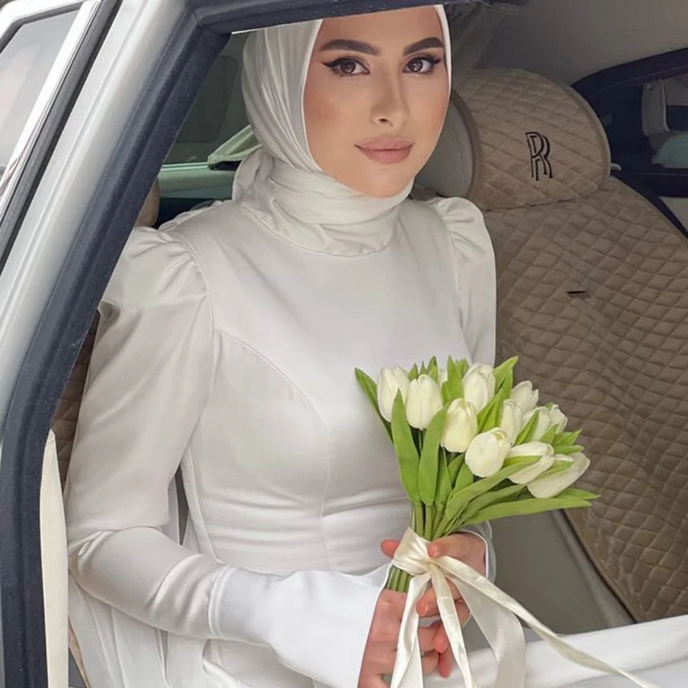 Cathy White Soft Stain Veil Puff Sleeve Wedding Dresses Turban vestidos de noche Bell Sleeves Prom Customized Formal Evening