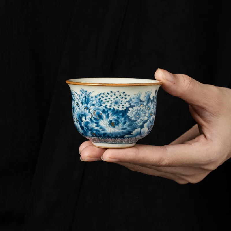 2/PCS  65ML Ruyao Ceramic Tea Set Tea Set Small Tea Cup Single Cup Blue and White Porcelain Cup Chazhan Personal Cup Bowl