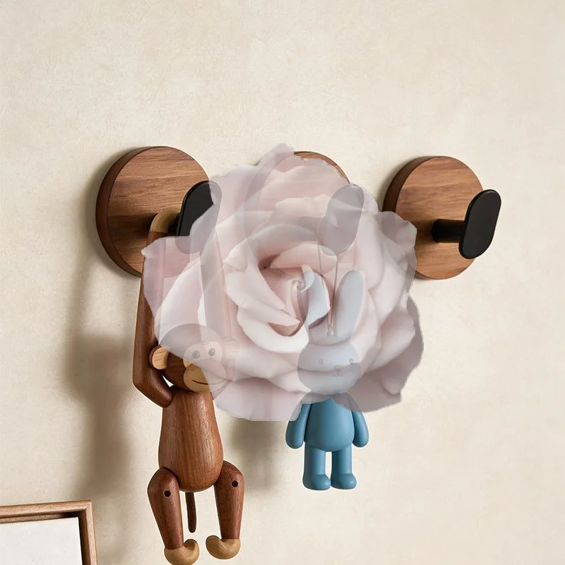 Popular No Drilling Self-Adhesive Wooden Wall Hooks Scratch Resistant Wood Coat Hangers for Hat Towel Entryway Bathroom